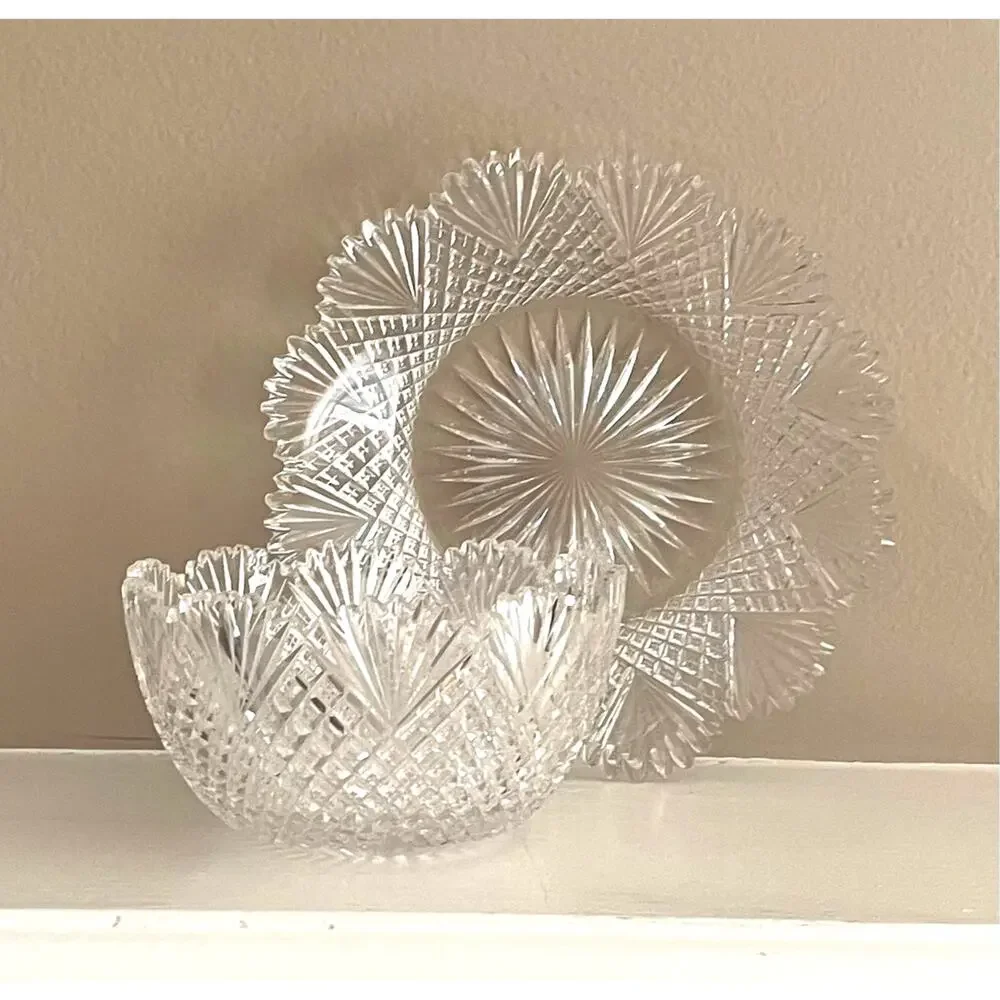 Vintage Etched Crystal Bowl and Plate, Sawtooth Scalloped Edge, Set of 2
